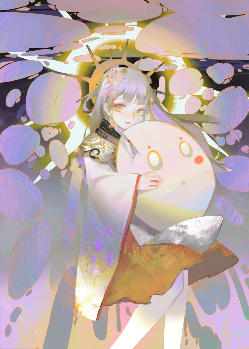 1girl absurdres chinese_commentary commentary_request feet_out_of_frame flower hair_flower hair_ornament highres hiyoribo_(onmyoji) holding holding_stuffed_toy japanese_clothes kimono long_hair long_sleeves looking_at_viewer object_hug onmyoji pantyhose parted_lips purple_hair red_skirt silver_hair skirt smile solo stuffed_toy tassel tsuioku_(908026270) white_kimono white_legwear wide_sleeves yellow_eyes