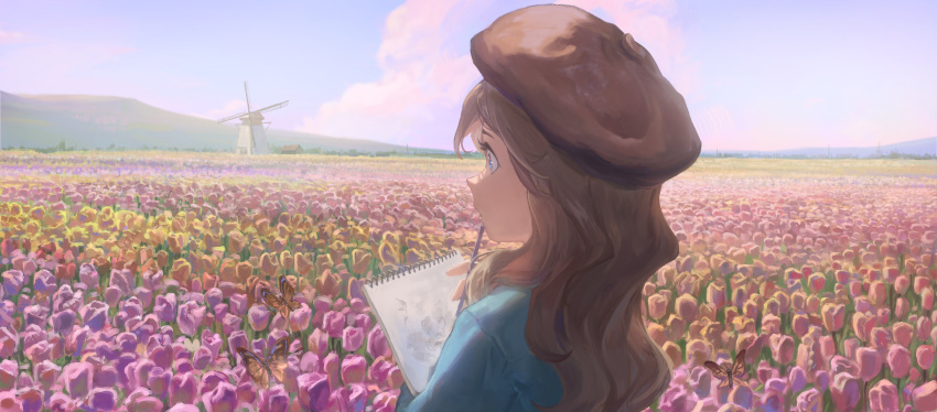 1girl absurdres brown_hair bug butterfly clouds cloudy_sky day flower highres hill holding holding_sketchbook long_hair original outdoors profile purple_flower purple_sky sishenfan sketchbook sky solo tulip upper_body wide_shot windmill yellow_flower