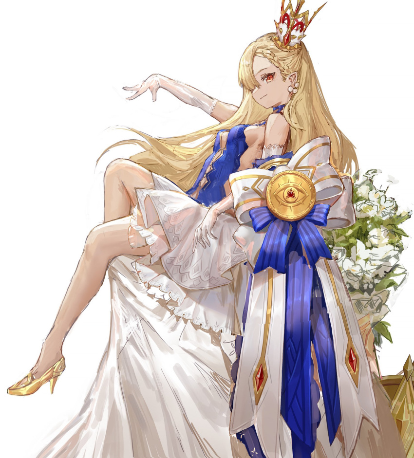 1girl bangs blonde_hair blue_bow blue_dress bow braid breasts closed_mouth commentary_request crown dress elbow_gloves full_body gloves hair_over_one_eye halter_dress halterneck high_heels highres large_bow long_dress long_hair looking_away masterwork_apocalypse medium_breasts messikid official_art one_eye_covered production_art red_eyes second-party_source side_braid sideboob simple_background sketch sleeveless sleeveless_dress smile solo striped striped_bow swept_bangs very_long_hair victoria_(masterwork_apocalypse) white_background white_bow white_gloves yellow_footwear