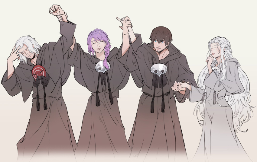 1girl 3boys ^_^ adventurer_(ff14) arm_up arms_up bangs black_hair black_robe blue_eyes braid closed_eyes commentary emet-selch facial_hair facing_viewer feet_out_of_frame final_fantasy final_fantasy_xiv grey_robe half_updo hand_up highres holding_another's_wrist holding_hands hood hood_down hooded_robe hythlodaeus hyur iash long_hair mask mask_removed medium_hair mixed-language_commentary multiple_boys open_mouth purple_hair side_braid simple_background single_braid smile spoilers standing stubble venat_(ff14) white_hair yellow_background