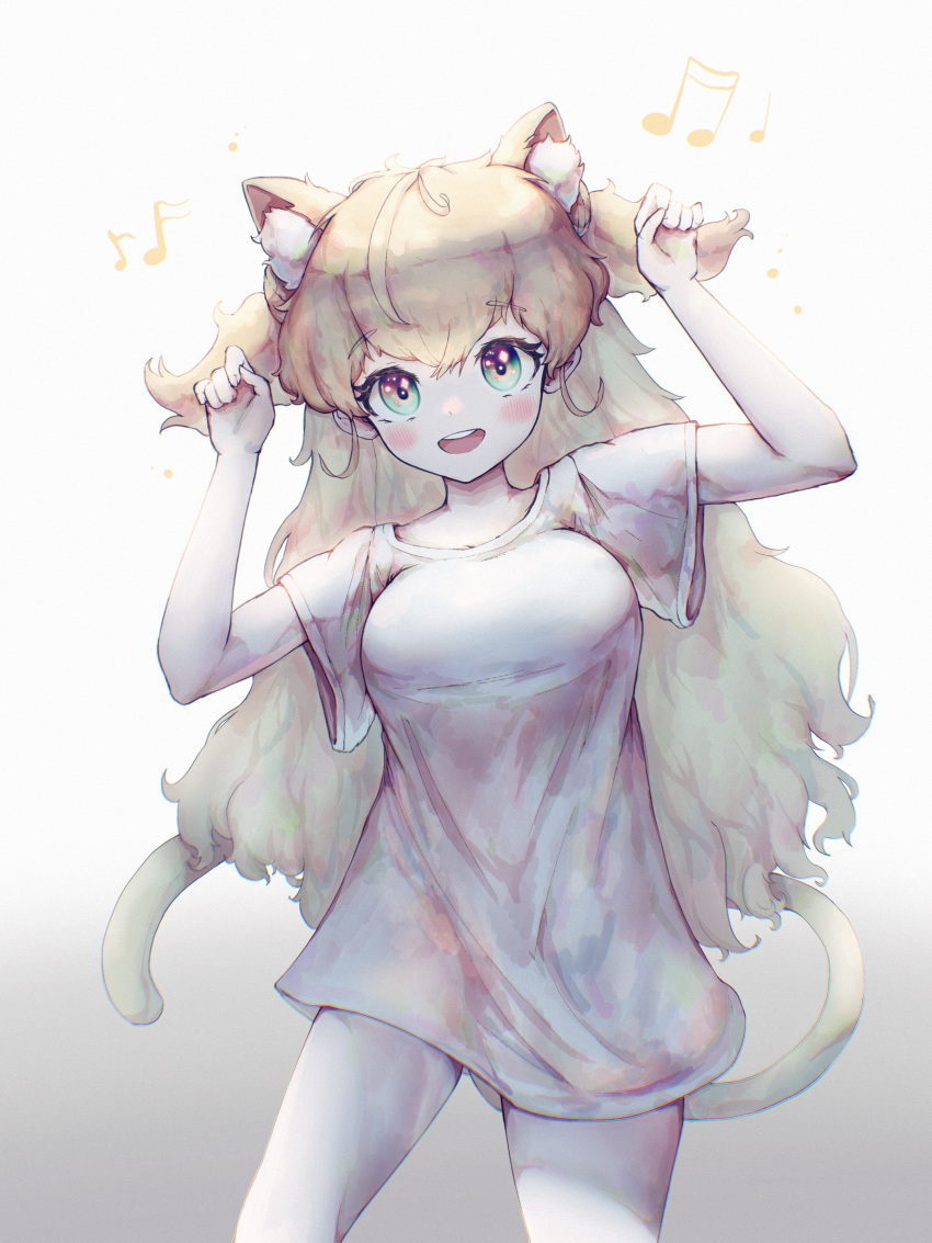 1girl :d absurdres ahoge animal_ear_fluff animal_ears bangs blonde_hair breasts extra_ears eyebrows_visible_through_hair gradient gradient_background green_eyes highres hololive legs_apart long_hair looking_at_viewer momosuzu_nene musical_note open_mouth park_ogre short_sleeves smile solo symbol-only_commentary tail teeth thighs upper_teeth virtual_youtuber wide_sleeves