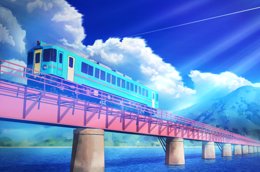 aobara1101 blue_sky bridge clouds cloudy_sky commentary_request day ground_vehicle highres mountain no_humans original river scenery sky summer sunlight train