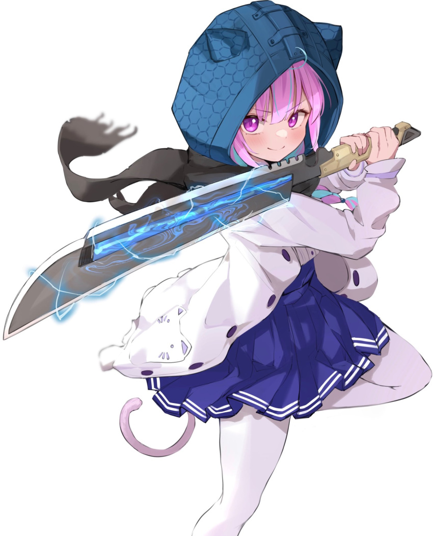 1girl animal_hood black_scarf cat_hood cat_tail closed_mouth foot_out_of_frame highres holding holding_weapon hololive hood jacket knee_up long_sleeves looking_at_viewer minato_aqua open_clothes open_jacket pantyhose pink_eyes pink_hair pleated_skirt satsukl_5 scarf simple_background skirt solo sword tail weapon white_background white_jacket white_legwear
