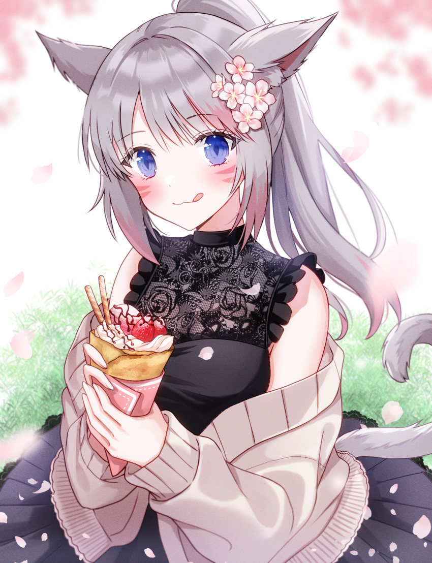 1girl :q animal_ear_fluff animal_ears avatar_(ff14) bangs blue_eyes cardigan cherry_blossoms colored_tips commentary_request commission eyebrows_visible_through_hair final_fantasy final_fantasy_xiv flower food grass grey_hair hair_flower hair_ornament highres long_hair miqo'te ponytail skeb_commission solo su2525 tail tongue tongue_out