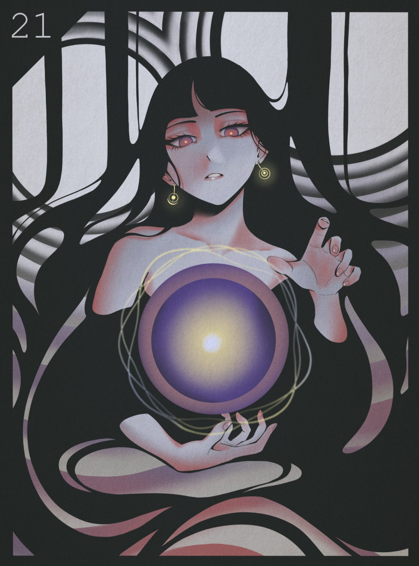 1girl abstract bare_shoulders black_border black_hair border bright_pupils dhjs_0010 earrings hands_up highres jewelry long_hair looking_at_viewer magic muted_color orb original red_eyes shadow solo white_pupils