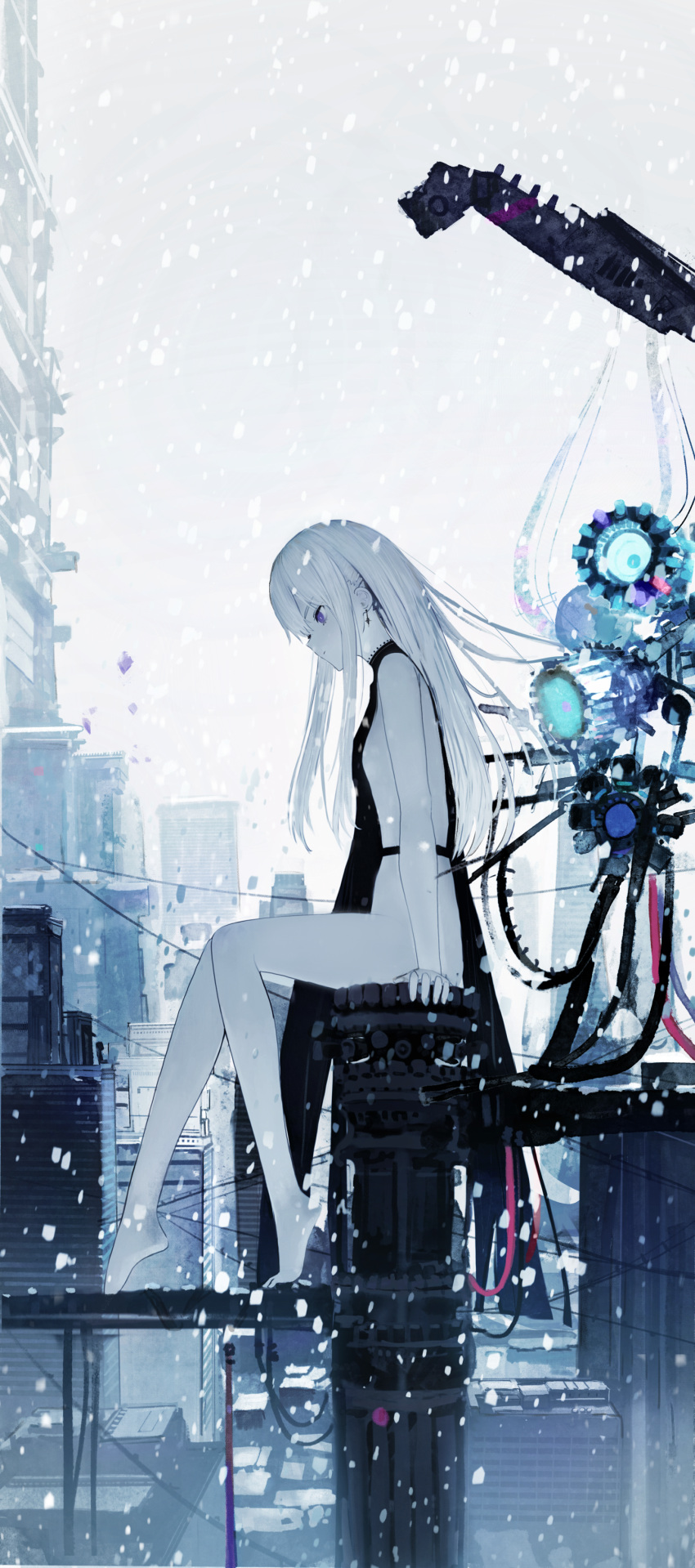 1girl absurdres ah_(pixiv62888100) bangs barefoot building cityscape closed_mouth clouds cloudy_sky earrings flat_chest from_side highres jewelry long_hair looking_away original serious sitting sky snow solo tabard thighs white_hair