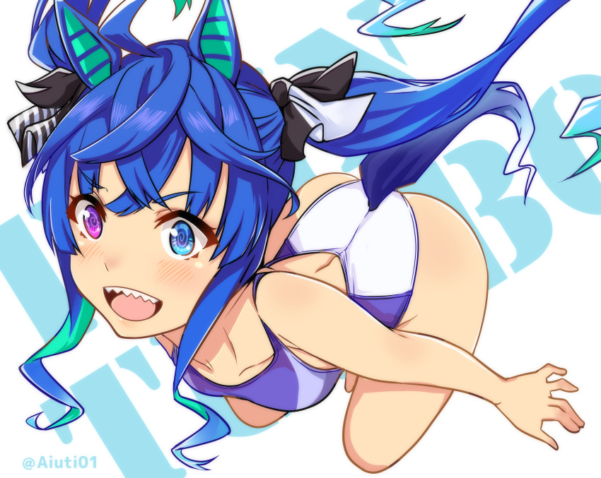 1girl absurdres ahoge aiuti animal_ears ass background_text blue_eyes blue_hair commentary_request competition_swimsuit heterochromia highres horse_ears horse_girl horse_tail long_hair one-piece_swimsuit sharp_teeth sidelocks solo swimsuit tail teeth twin_turbo_(umamusume) twintails two-tone_swimsuit umamusume violet_eyes white_swimsuit