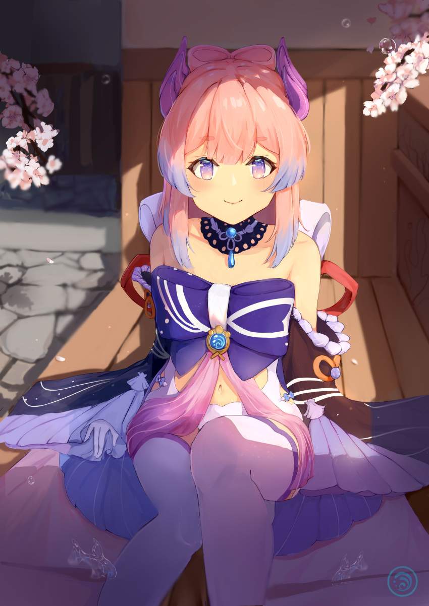 1girl absurdres bare_shoulders blue_hair bow bowtie detached_collar eyebrows_visible_through_hair fish frilled_sleeves frills genshin_impact gradient_hair hair_ornament highres indoors looking_at_viewer multicolored_hair navel pink_hair revival sangonomiya_kokomi shorts sitting smile solo thigh-highs two-tone_hair water water_drop wide_sleeves