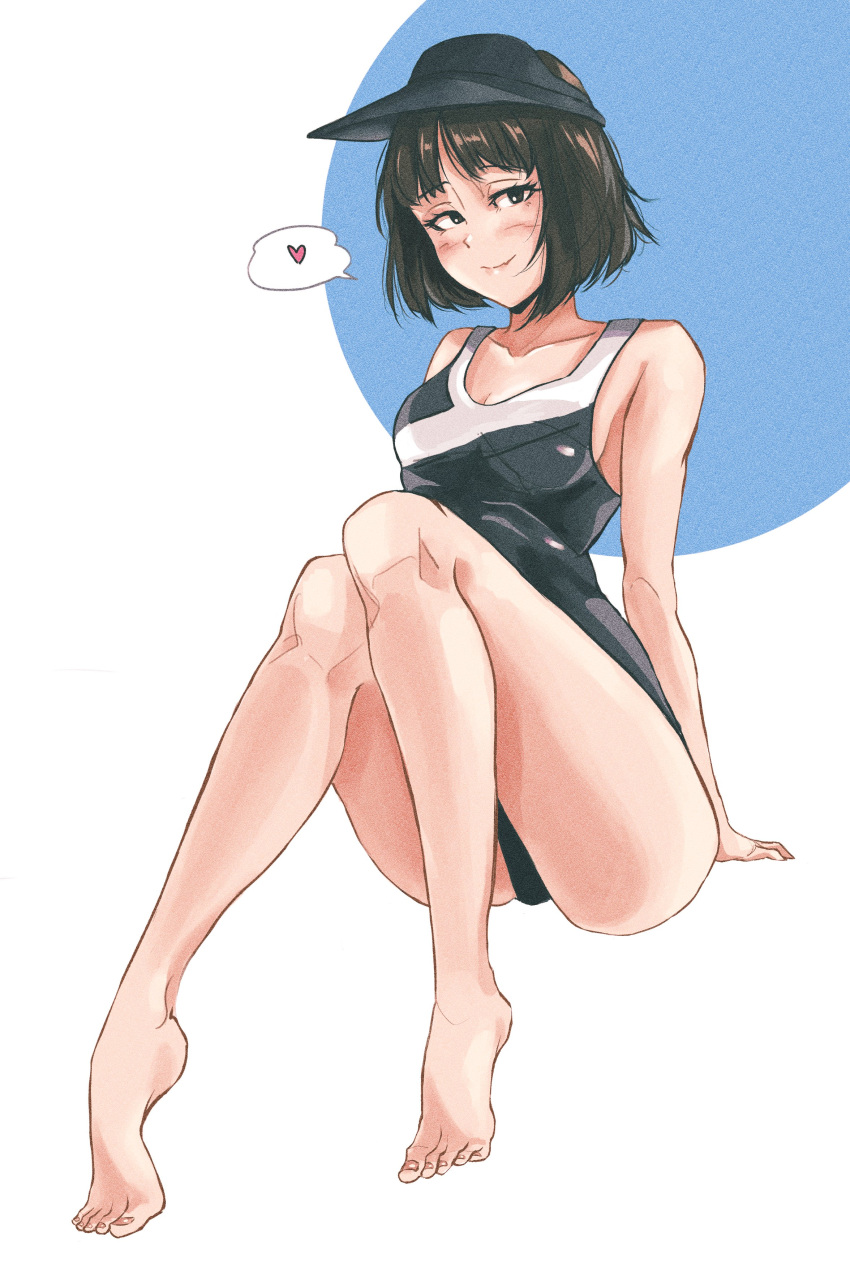 1girl absurdres bangs bare_legs barefoot black_hair black_headwear blue_circle blue_swimsuit blush breasts dhjs_0010 full_body hat heart highres invisible_chair looking_at_viewer original short_hair sitting small_breasts smile solo spoken_heart swimsuit