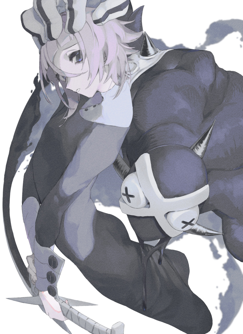 1boy 1other 5tsukado bangs blue_eyes crona_(soul_eater) dripping eyes_visible_through_hair fingernails hair_between_eyes hand_on_another's_head highres holding holding_own_arm holding_sword holding_weapon living_weapon looking_at_viewer medium_hair muscular parted_lips pink_hair ragnarok_(demon_sword) simple_background soul_eater spikes sword turtleneck weapon white_background x_x