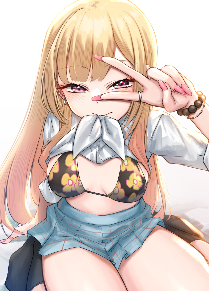 1girl absurdres akky_(akimi1127) bangs bead_bracelet beads bikini bikini_top_only blonde_hair blue_skirt blush bracelet breasts clothes_lift earrings eyebrows_visible_through_hair fingernails floral_print highres jewelry kitagawa_marin lifted_by_self long_fingernails long_hair looking_at_viewer mouth_hold pleated_skirt red_eyes ring shirt shirt_lift sitting skirt solo sono_bisque_doll_wa_koi_wo_suru swimsuit thighs v_over_eye white_background white_shirt