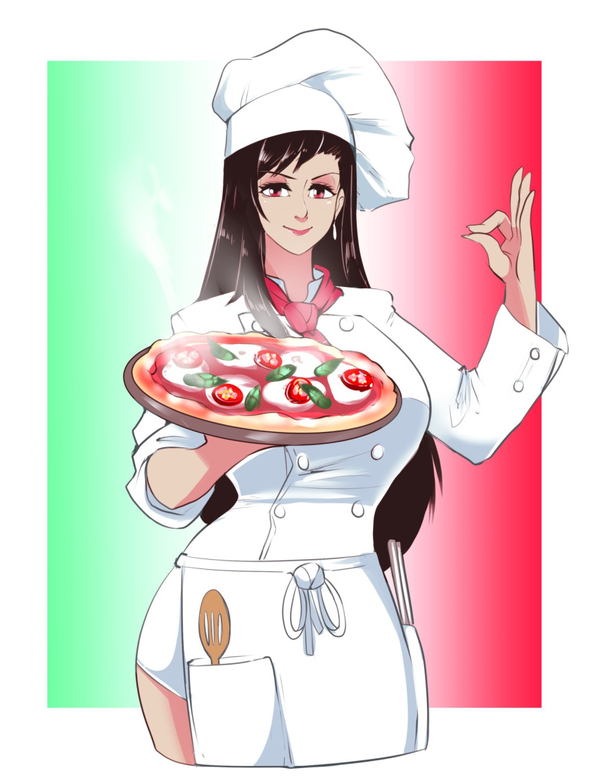 1girl apron bangs breasts brown_eyes brown_hair chef_hat dwps english_commentary final_fantasy final_fantasy_vii food hat highres holding holding_tray italian_flag italian_senate_hack large_breasts long_hair ok_sign pizza smile solo spoon tifa_lockhart tray v-shaped_eyebrows white_headwear
