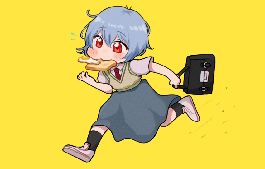 1girl ayanami_rei bag bangs beige_vest black_legwear blue_hair blue_skirt blush chibi commentary english_commentary food food_in_mouth fried_egg from_side full_body gakuran hand_up highres holding holding_bag mouth_hold necktie neon_genesis_evangelion nvi2762 red_eyes red_necktie running school_briefcase school_uniform shirt short_hair short_sleeves simple_background skirt socks solo toast toast_in_mouth vest white_shirt wing_collar yellow_background