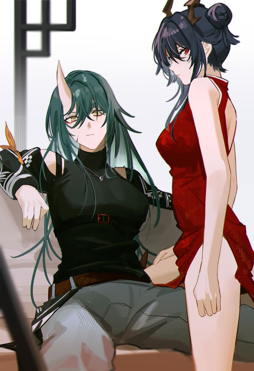 2girls 3o_c absurdres arknights arm_ribbon arm_scarf bare_shoulders belt black_shirt blue_hair brown_belt ch'en_(arknights) china_dress chinese_clothes closed_mouth couch dragon_girl dragon_horns dress green_hair hair_bun highres horns hoshiguma_(arknights) jewelry looking_at_viewer looking_to_the_side multiple_girls necklace oni_horns pants red_dress red_eyes ribbon shirt single_horn sitting sleeveless sleeveless_shirt standing strap thighs turtleneck yellow_eyes