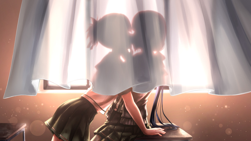 2girls absurdres curtains desk highres indoors itaro kiss lens_flare long_hair multiple_girls open_window sanshuu_middle_school_uniform school_uniform short_hair silhouette tougou_mimori wind window yuri yuuki_yuuna yuuki_yuuna_wa_yuusha_de_aru yuuki_yuuna_wa_yuusha_de_aru:_hanayui_no_kirameki yuusha_de_aru