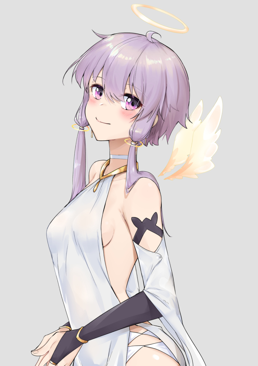 1girl bangs bare_shoulders blush breasts bridal_gauntlets choker closed_mouth collarbone commentary_request detached_sleeves detached_wings dress eyebrows_visible_through_hair grey_background hair_between_eyes halo highres long_hair long_sleeves purple_hair sideboob simple_background sleeveless sleeveless_dress small_breasts smile solo violet_eyes vocaloid voiceroid white_choker white_dress white_sleeves white_wings wide_sleeves wings yuzuki_yukari zooanime