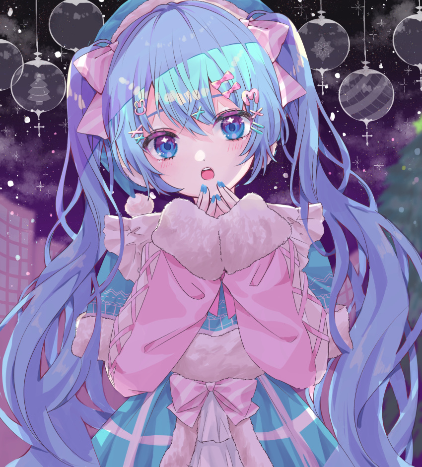 1girl :o bangs blue_capelet blue_dress blue_hair blue_nails bow capelet dress floating_hair fur-trimmed_capelet fur_trim hair_between_eyes hair_bow hair_ornament hairclip hatsune_miku highres long_hair long_sleeves looking_at_viewer nail_polish pink_bow pink_sleeves shiny shiny_hair solo spring_666 standing striped striped_bow twintails very_long_hair vocaloid x_hair_ornament