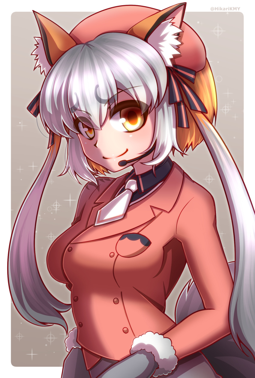 1girl animal_ears breast_pocket breasts eyebrows_visible_through_hair fox_ears fox_girl gloves grey_gloves grey_hair highres hikarikmy impossible_clothes impossible_jacket island_fox_(kemono_friends) jacket kemono_friends kemono_friends_v_project looking_at_viewer low_twintails medium_breasts necktie orange_headwear pocket smile solo twintails two-tone_legwear white_fur white_necktie