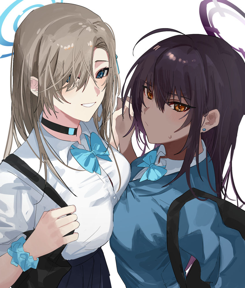 2girls 3o_c ahoge aqua_bow aqua_bowtie aqua_scrunchie asuna_(blue_archive) bag bangs black_choker blue_archive blue_cardigan blue_eyes bow bowtie breast_press breasts brown_eyes brown_hair cardigan choker collared_shirt dark-skinned_female dark_skin dress_shirt earrings from_above hair_between_eyes hair_over_one_eye halo highres jewelry karin_(blue_archive) large_breasts light_brown_hair long_hair multiple_girls school_bag school_uniform scrunchie shirt shirt_tucked_in smile sweatdrop symmetrical_docking white_background white_shirt wrist_scrunchie