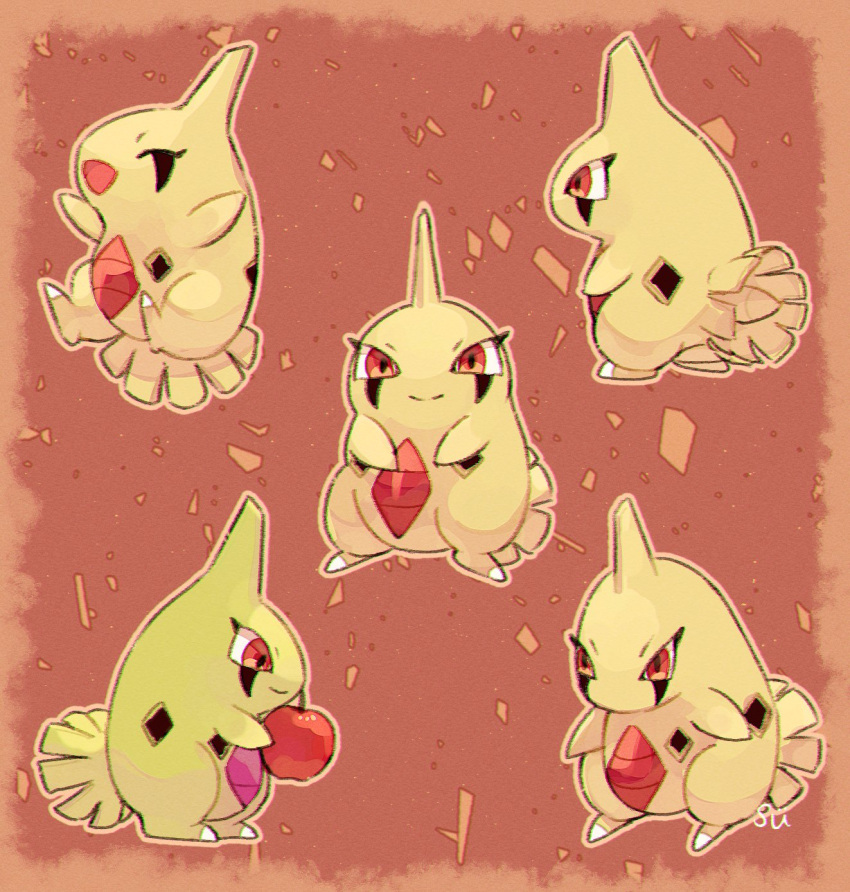 :d apple brown_background closed_mouth commentary_request food fruit happy highres holding holding_food holding_fruit larvitar multiple_views no_humans pokemon pokemon_(creature) signature smile standing su_(sajo_su5)