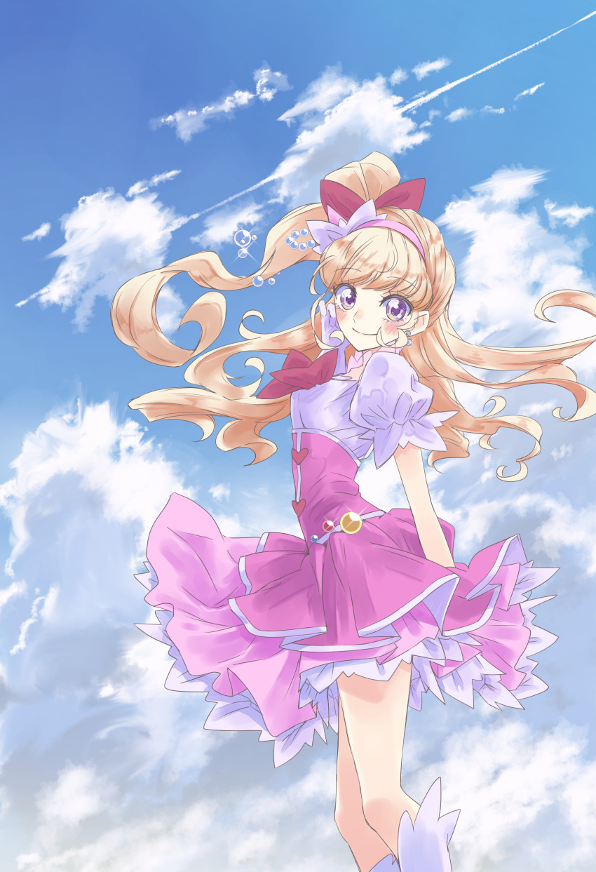 1girl absurdres arm_behind_back ateliermiyama bangs blonde_hair blue_sky blush bow bowtie closed_mouth clouds cure_miracle day eyebrows_visible_through_hair floating_hair from_side hair_bow hairband high-waist_skirt highres layered_skirt long_hair looking_at_viewer mahou_girls_precure! pink_hairband pink_skirt precure red_bow red_bowtie shirt short_sleeves skirt sky smile solo standing very_long_hair violet_eyes white_shirt