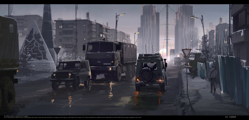chinese_commentary cityscape commentary_request english_text ground_vehicle haguruma_c highres lamppost letterboxed lights maz-6317 mercedes-benz mercedes-benz_g-class motor_vehicle original overcast radio_tower road snow sunrise truck uaz_452 uaz_469 wet
