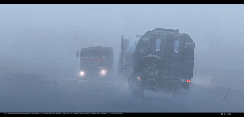 commentary english_commentary glowing ground_vehicle haguruma_c highres letterboxed military military_vehicle motor_vehicle no_humans oil_tanker original scenery snow snowing truck ural_4320