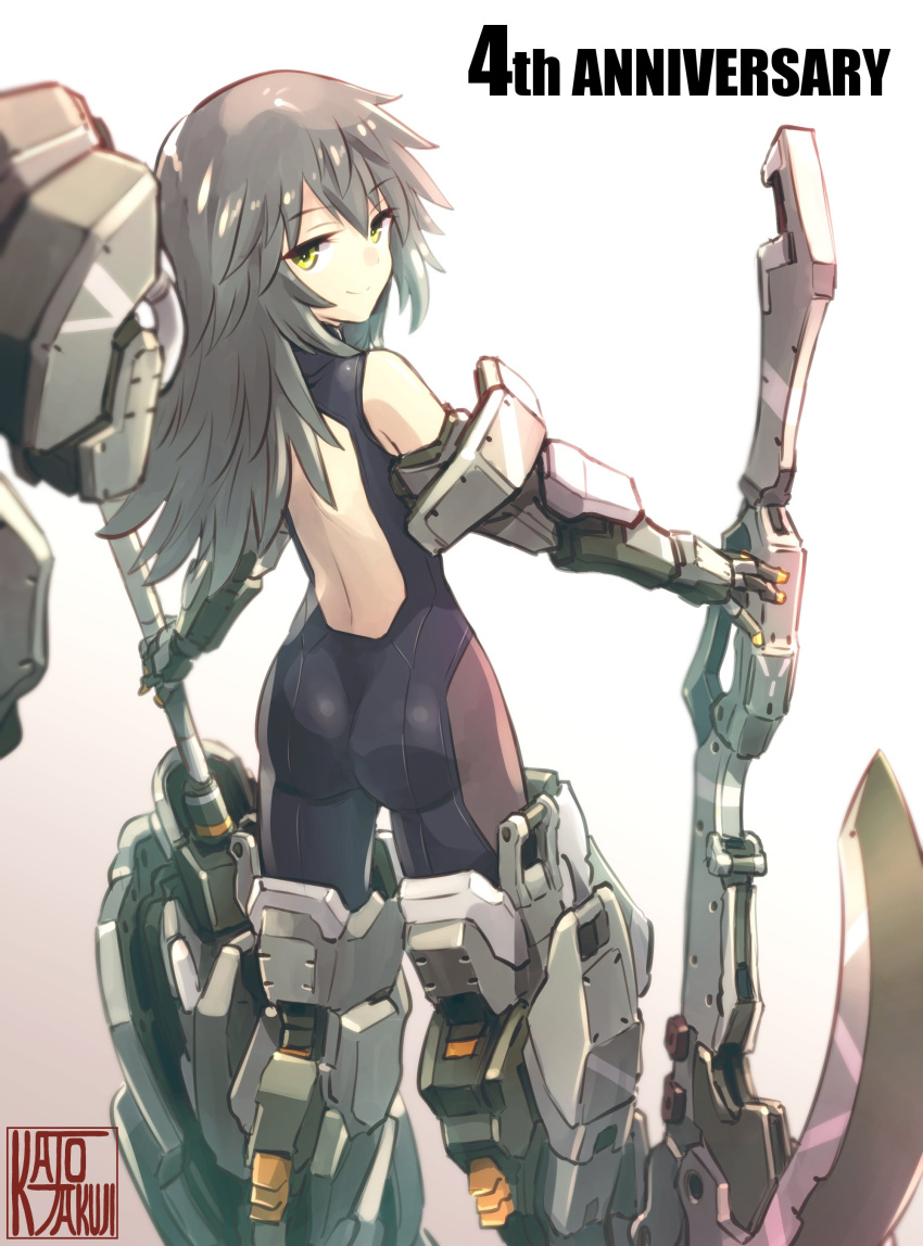 1girl absurdres alice_gear_aegis anniversary ass axe back_cutout black_bodysuit bodysuit clothing_cutout elbow_gloves eyebrows_visible_through_hair from_behind gloves grey_hair highres holding holding_axe ishiyumi looking_at_viewer looking_back mecha_musume metal_gloves shinonome_chie sleeveless_bodysuit smile solo yellow_eyes