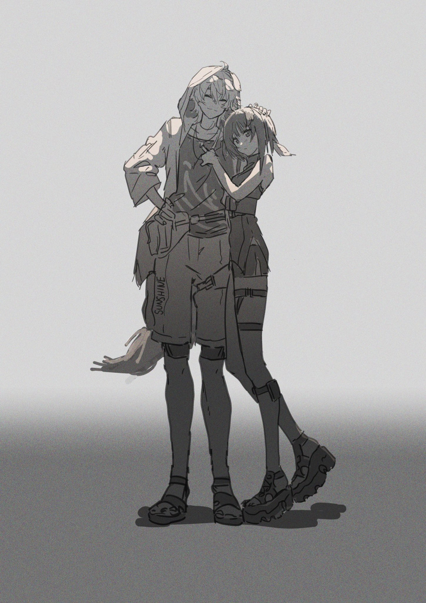 1boy 1girl abura_yu99 animal_ears arknights bangs bare_shoulders blush brother_and_sister closed_mouth dog_boy dog_ears dog_tail eyewear_on_head feather_hair highres hood hood_up hooded_jacket jacket la_pluma_(arknights) monochrome open_clothes open_jacket short_hair siblings sleeveless sunglasses tail tequila_(arknights) thigh_strap turtleneck