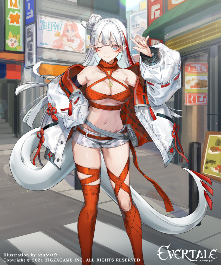 absurdres azu-taro boots breasts city evertale highres navel puffy_sleeves revealing_clothes short_shorts shorts thigh-highs thigh_boots thigh_strap thighs white_hair