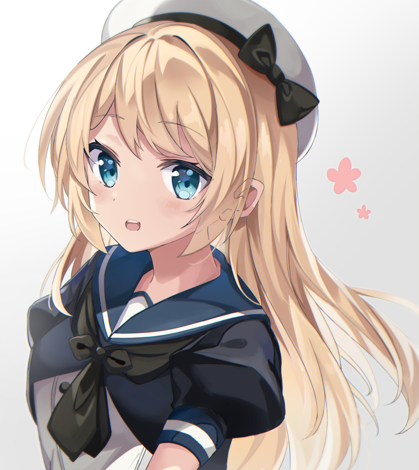 1girl absurdres blonde_hair blue_eyes blue_sailor_collar blush dress eyebrows_visible_through_hair fathom gradient gradient_background hat highres jervis_(kancolle) kantai_collection long_hair open_mouth puffy_short_sleeves puffy_sleeves sailor_collar sailor_dress sailor_hat short_sleeves solo teeth upper_body upper_teeth white_headwear