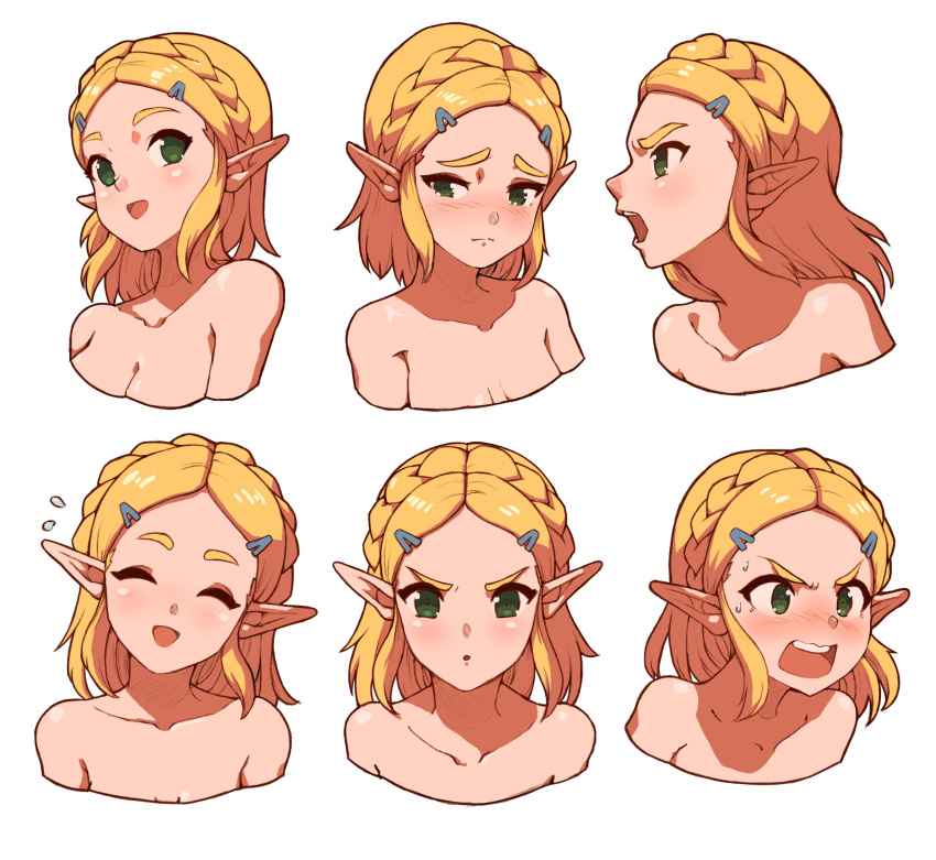 1girl :d :o ^_^ absurdres angry annoyed babusgames blonde_hair blush braid breasts closed_eyes collarbone embarrassed expression_chart flying_sweatdrops french_braid green_eyes hair_ornament happy highres light_blush medium_hair multiple_views nose_blush pointy_ears princess_zelda sad simple_background smile sweatdrop the_legend_of_zelda the_legend_of_zelda:_breath_of_the_wild the_legend_of_zelda:_breath_of_the_wild_2 white_background