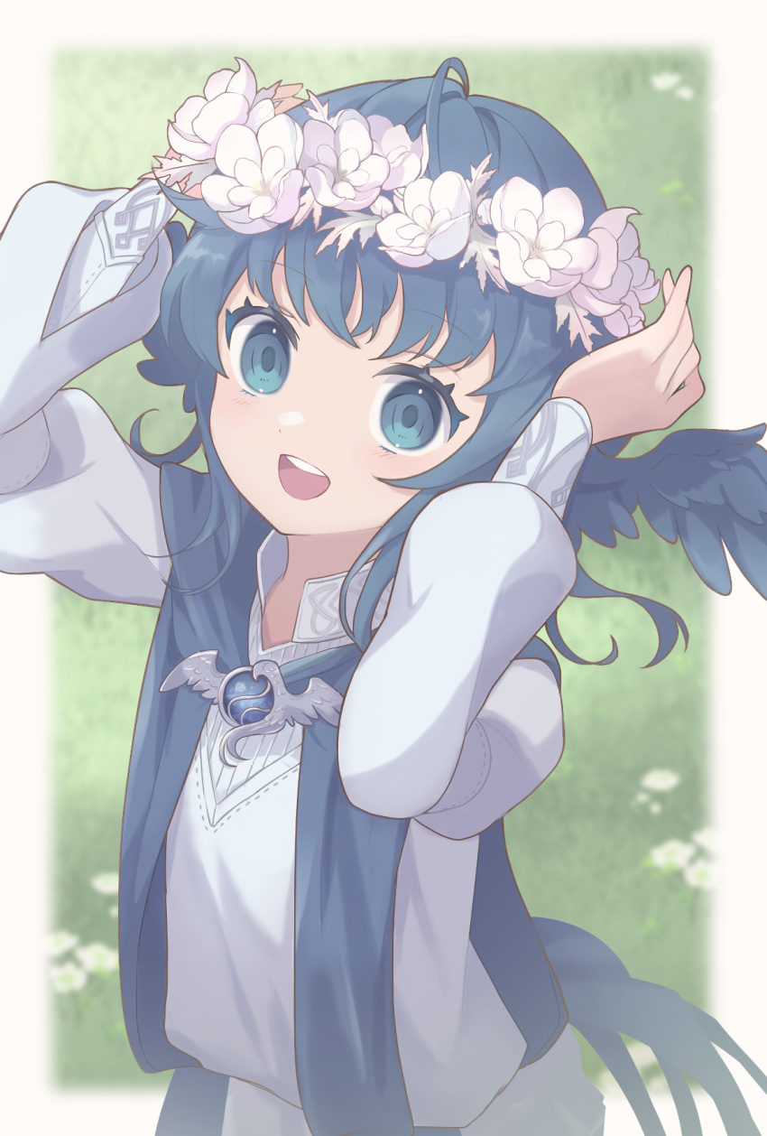 1girl :d bird_wings blue_capelet blue_eyes blue_hair capelet colored_eyelashes eyelashes final_fantasy final_fantasy_xiv head_wings head_wreath highres light_blush long_sleeves looking_at_viewer meteion outdoors sawara_(starligtvision) short_hair smile solo upper_body wings