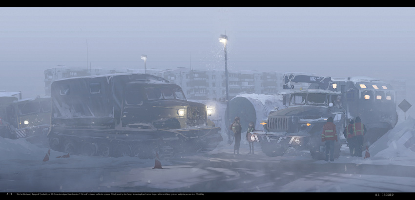 3girls 3others commentary english_text glowing haguruma_c highres lamppost letterboxed military military_vehicle multiple_girls multiple_others original outdoors safety_vest snow snowing traffic_cone