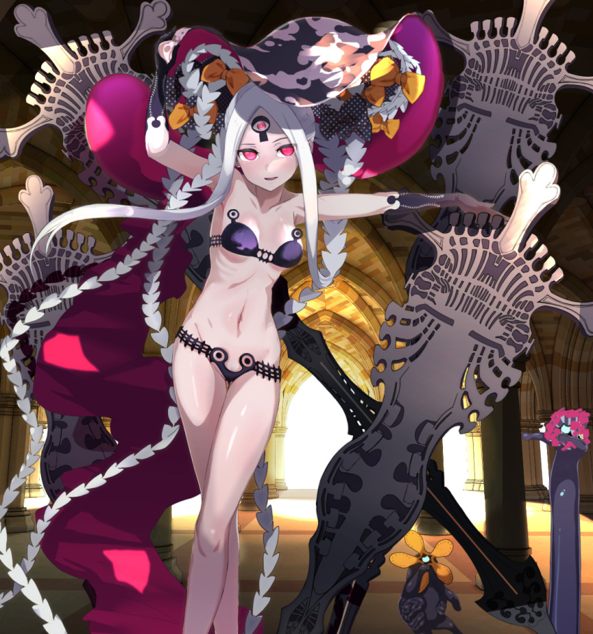 1girl abigail_williams_(fate) abigail_williams_(swimsuit_foreigner)_(fate) bangs bare_shoulders bikini black_bikini black_bow blush bow breasts collarbone double_bun fate/grand_order fate_(series) forehead hair_bow highres keyhole koohii_koucha_maru long_hair looking_at_viewer multiple_bows navel open_mouth orange_bow parted_bangs polka_dot polka_dot_bow red_eyes sidelocks small_breasts solo swimsuit third_eye twintails very_long_hair white_hair