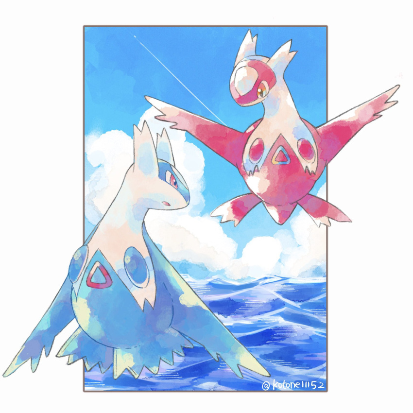 border clouds day flying highres kotone11152 latias latios looking_down looking_to_the_side no_humans outdoors pokemon pokemon_(creature) sky twitter_username water white_border yellow_eyes