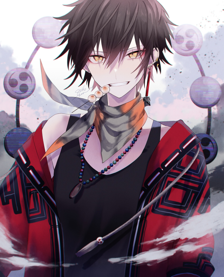 1boy bangs black_hair black_shirt chromatic_aberration clouds commentary dango ear_piercing earrings food glitch grin hair_between_eyes highres jacket jewelry looking_at_viewer male_focus mouth_hold muon necklace original pearl_necklace piercing red_jacket scarf shirt short_hair signature smile solo standing tank_top teeth upper_body wagashi yellow_eyes