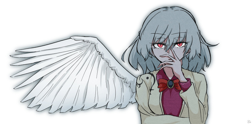 1girl angel_wings arm_up bangs beige_jacket blush_stickers bow bowtie braid breasts collared_dress commentary covered_mouth dress emerald_(gemstone) eyelashes feathered_wings french_braid hand_to_own_mouth highres kishin_sagume long_sleeves looking_at_viewer medium_breasts one-hour_drawing_challenge purple_dress red_bow red_bowtie red_eyes scavia10 short_hair silver_hair simple_background single_wing slit_pupils solo standing touhou upper_body white_background wing_collar wings