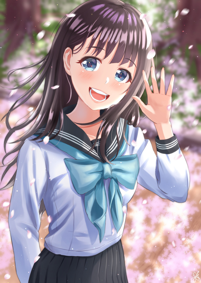 1girl akebi-chan_no_serafuku akebi_komichi akiyama0818 black_hair black_sailor_collar black_skirt blue_eyes blue_neckerchief blurry blurry_background commentary_request highres long_hair looking_at_viewer neckerchief open_mouth pleated_skirt roubai_academy_school_uniform_(old) round_teeth sailor_collar school_uniform serafuku skirt solo teeth upper_teeth waving