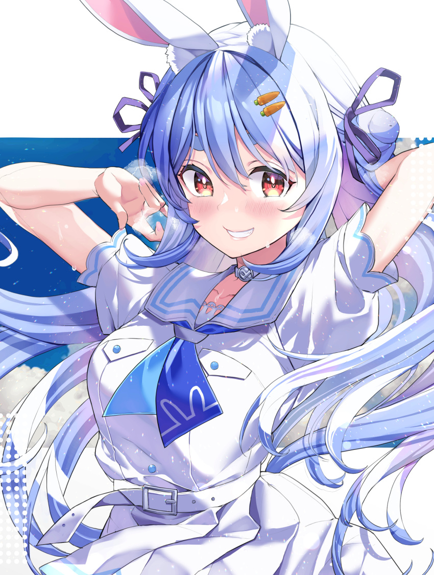 1girl absurdres animal_ear_fluff animal_ears arm_behind_head bangs belt blue_hair blue_neckerchief blue_ribbon blush breasts carrot_hair_ornament choker commentary_request dress food-themed_hair_ornament grin hair_ornament hair_ribbon haruhina_purple highres hololive long_hair looking_at_viewer neckerchief rabbit_ears red_eyes ribbon sailor_collar short_sleeves smile solo thick_eyebrows usada_pekora virtual_youtuber white_belt white_choker white_dress white_sailor_collar