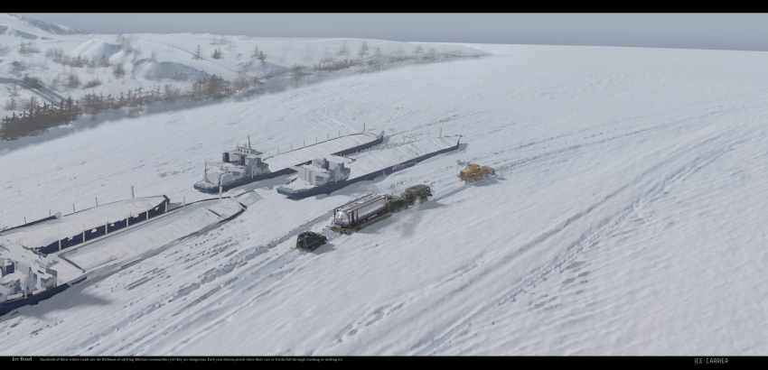 beached_ship bulldozer chinese_commentary commentary_request english_text frozen grey_sky ground_vehicle haguruma_c highres kirovets_k-700 letterboxed maz-537 mercedes-benz_g-class motor_vehicle oil_tanker original river ship smoke snow snowplow tank_truck trailer tree truck watercraft