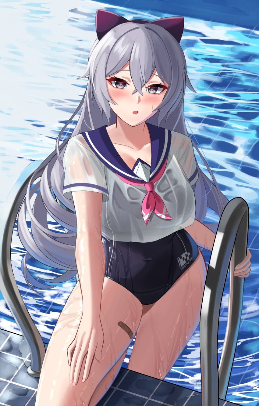 1girl :o absurdres aircell bandaid bangs blue_swimsuit blush bow bronya_zaychik bronya_zaychik_(silverwing:_n-ex) drill_hair grey_eyes grey_hair hair_bow highres holding honkai_(series) honkai_impact_3rd long_hair looking_at_viewer one-piece_swimsuit open_mouth pool pool_ladder poolside sailor_collar short_sleeves solo swimsuit twin_drills water wet wet_clothes