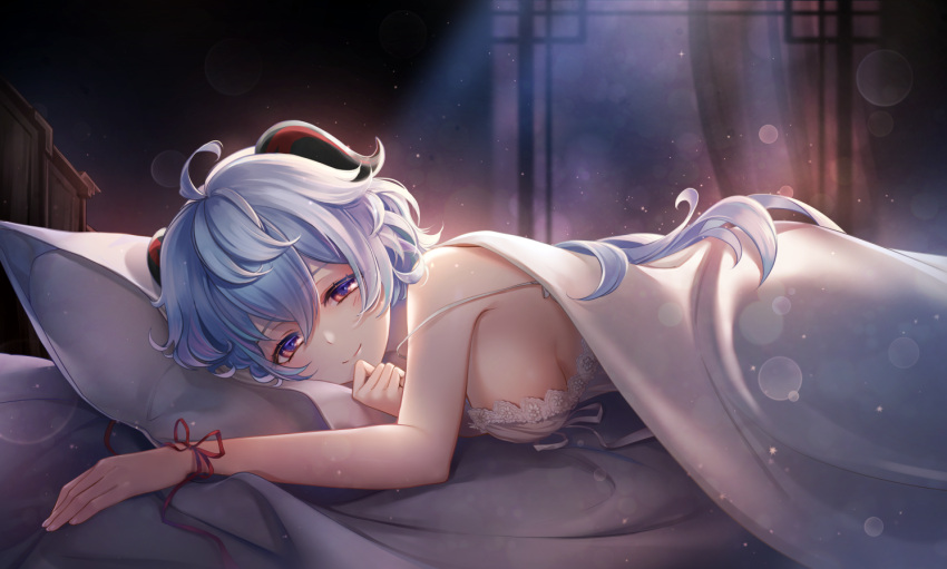 1girl ahoge babydoll bare_shoulders bed_sheet bedroom blue_hair blush breasts ganyu_(genshin_impact) genshin_impact half-closed_eyes horns karen_(navy_42) long_hair looking_at_viewer lying medium_breasts on_bed pillow red_ribbon ribbon sideboob smile strap_slip violet_eyes