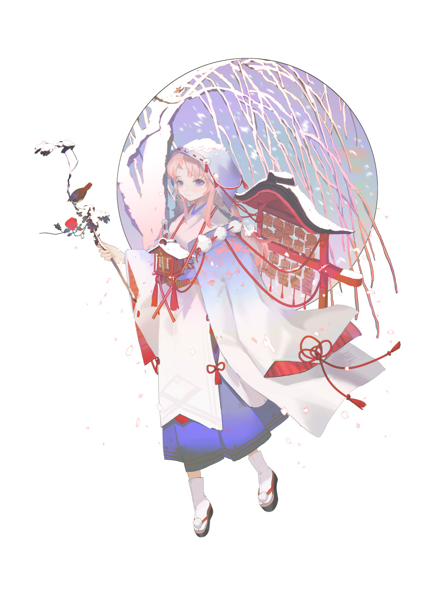 1girl absurdres bird branch character_request chinese_commentary closed_mouth commentary_request ema flower full_body highres holding holding_branch japanese_clothes kimono long_hair long_sleeves looking_at_viewer onmyoji pink_hair red_flower sandals shide simple_background snow socks solo tabi tree tsuioku_(908026270) uchikake violet_eyes white_background white_kimono white_legwear wide_sleeves