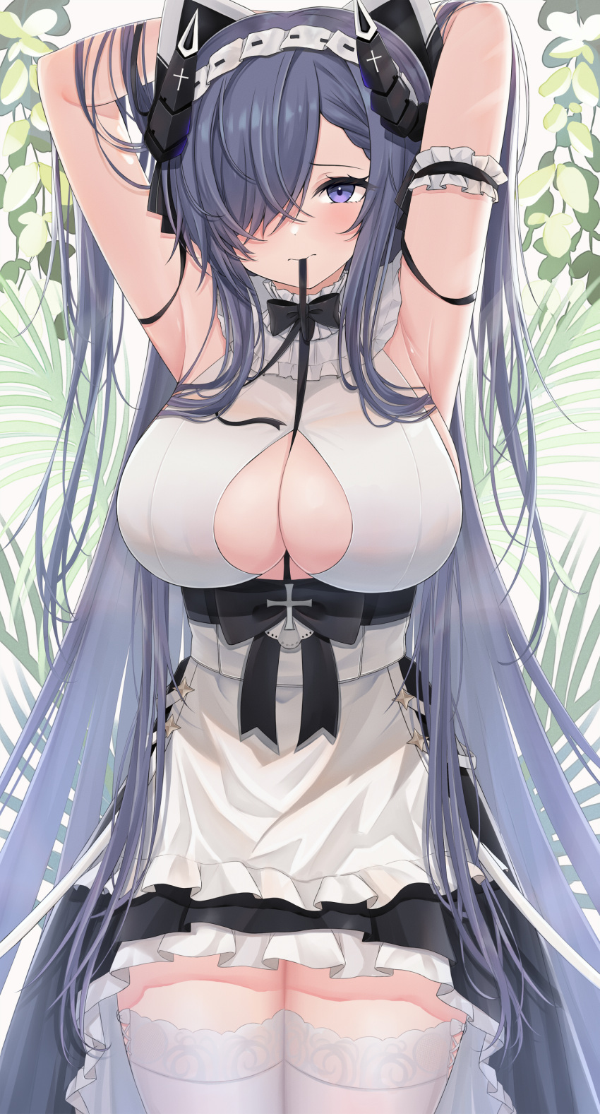 1girl absurdres animal_ears apron armpits arms_behind_head arms_up august_von_parseval_(azur_lane) august_von_parseval_(the_conquered_unhulde)_(azur_lane) azur_lane black_ribbon blush breasts center_opening closed_mouth commentary dot_nose fake_animal_ears hair_over_one_eye highres horns large_breasts long_hair looking_at_viewer mouth_hold official_alternate_costume petticoat plant raised_eyebrow ribbon ruwo sleeveless solo thigh-highs thighs vines violet_eyes waist_apron white_apron white_legwear