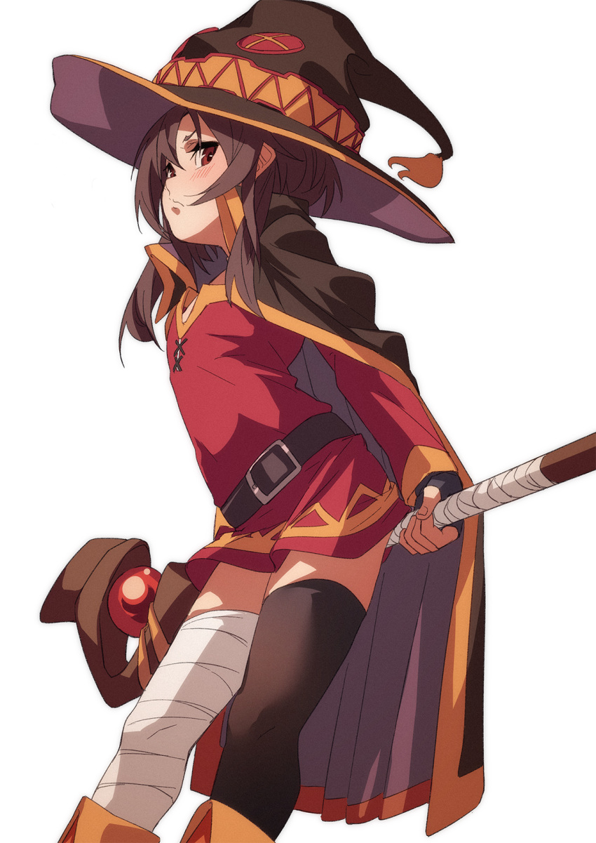 1girl bandaged_leg bandages belt black_belt black_legwear brown_cape brown_eyes brown_hair brown_headwear cape closed_mouth commentary dress feet_out_of_frame from_side fu-ta hair_between_eyes hat highres holding holding_staff kono_subarashii_sekai_ni_shukufuku_wo! looking_at_viewer looking_to_the_side medium_hair megumin red_dress single_thighhigh solo staff thigh-highs witch_hat