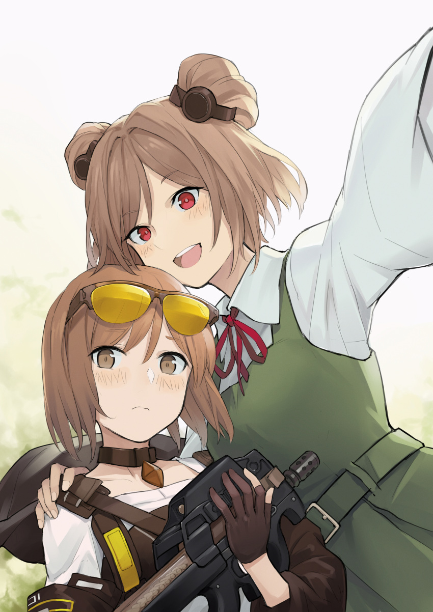2girls absurdres afa bangs belt blush breasts brown_choker brown_gloves bullpup choker closed_mouth collarbone commentary cosplay costume_switch double_bun dress eyebrows_visible_through_hair eyewear_on_head fingerless_gloves girls_frontline gloves green_dress gun gunslinger_girl hair_ornament hairclip hand_on_own_shoulder henrietta_(gunslinger_girl) henrietta_(gunslinger_girl)_(cosplay) highres holding holding_gun holding_weapon light_brown_eyes light_brown_hair long_sleeves looking_at_viewer multiple_girls neck_ribbon open_mouth p90 p90_(girls'_frontline) p90_(girls'_frontline)_(cosplay) red_eyes red_ribbon revision ribbon shirt short_hair simple_background smile standing submachine_gun teeth upper_body upper_teeth weapon weapon_connection white_shirt