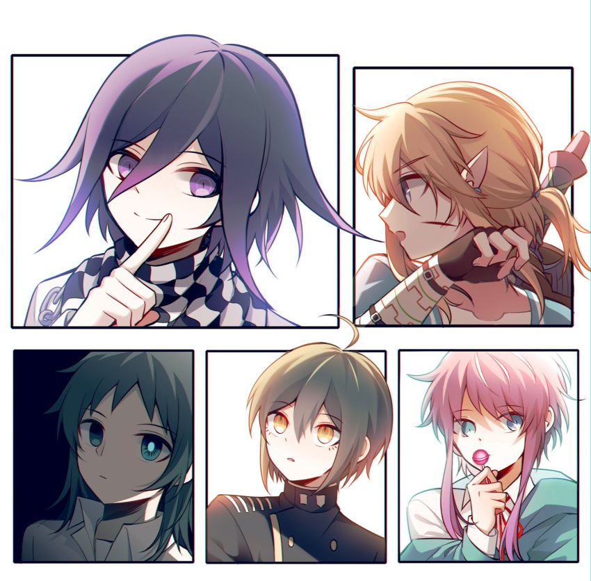 5boys ahoge amemura_ramuda bangs black_jacket black_scarf blonde_hair brown_gloves buttons character_request checkered_clothes checkered_scarf collarbone collared_shirt copyright_request danganronpa_(series) danganronpa_v3:_killing_harmony double-breasted eyebrows_visible_through_hair fingerless_gloves gloves green_hair green_jacket hair_between_eyes highres hypnosis_mic index_finger_raised injury jacket link multiple_boys off_shoulder open_mouth ouma_kokichi outside_border pink_hair pointy_ears ponytail portrait qiao_xing saihara_shuuichi scarf shirt short_hair sidelocks sword the_legend_of_zelda the_legend_of_zelda:_breath_of_the_wild weapon white_scarf white_shirt