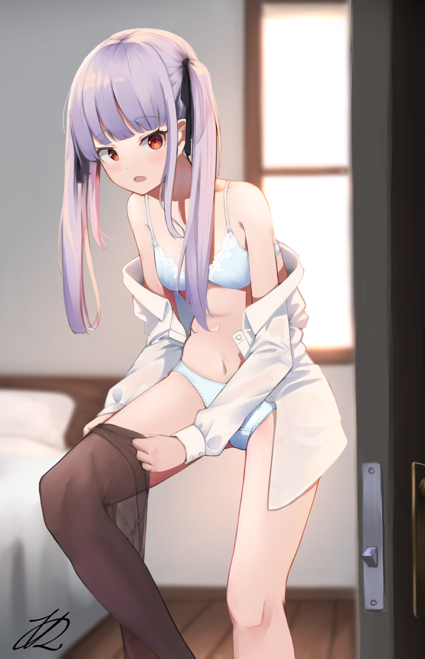 1girl absurdres akinoji_(akiponpon27) bangs bedroom black_ribbon blunt_bangs blurry blurry_background blush bra breasts clothes_down collarbone dress_shirt dressing eyebrows_visible_through_hair hair_ribbon highres lisa_eostre long_hair looking_at_viewer open_clothes open_mouth open_shirt panties pantyhose pantyhose_around_one_leg red_eyes ribbon shirt silver_hair small_breasts solo standing standing_on_one_leg twintails underwear walkure_romanze white_bra white_panties white_shirt wooden_floor