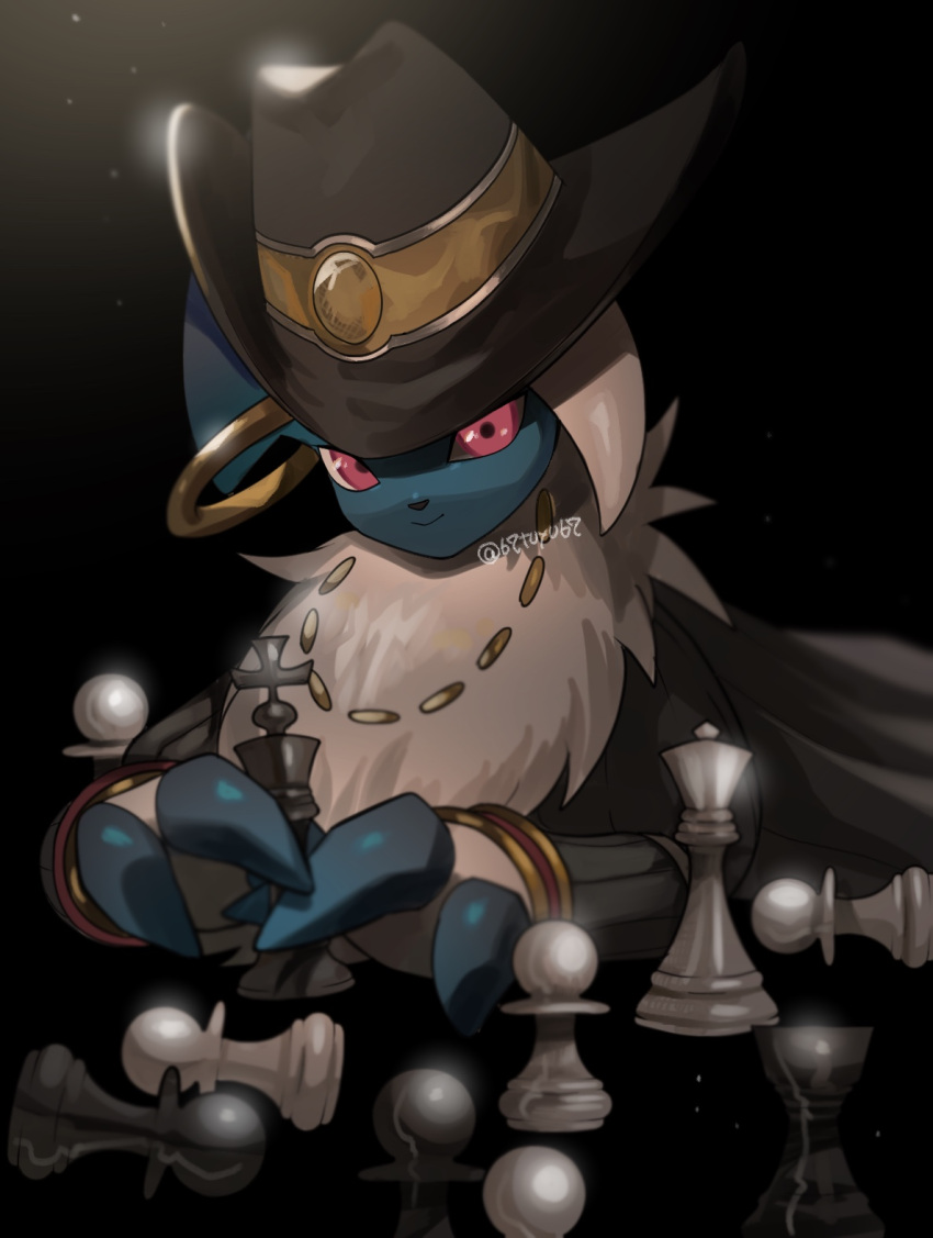 absol black_background black_claws chess_piece claws closed_mouth commentary_request hat hatted_pokemon highres looking_at_viewer necklace no_humans pink_eyes pokemon pokemon_(creature) smile solo yukifuri_tsuyu